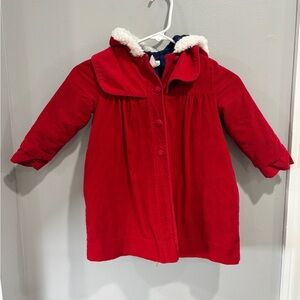 Vintage Girls Red Corduroy Long Hooded Lapel Peacoat Coat Jacket Size 4/4T